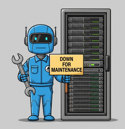 A robot holding a wrench and a sign, standing in front of a server rack. The sign says down for maintenance.